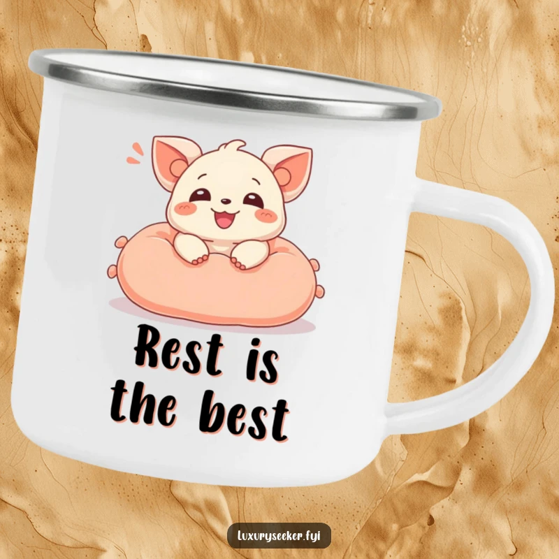 Funny camping mug showcasing a delighted creature sighing contentedly while reclined on a velvet cushion, ideal for outdoor enthusiasts.