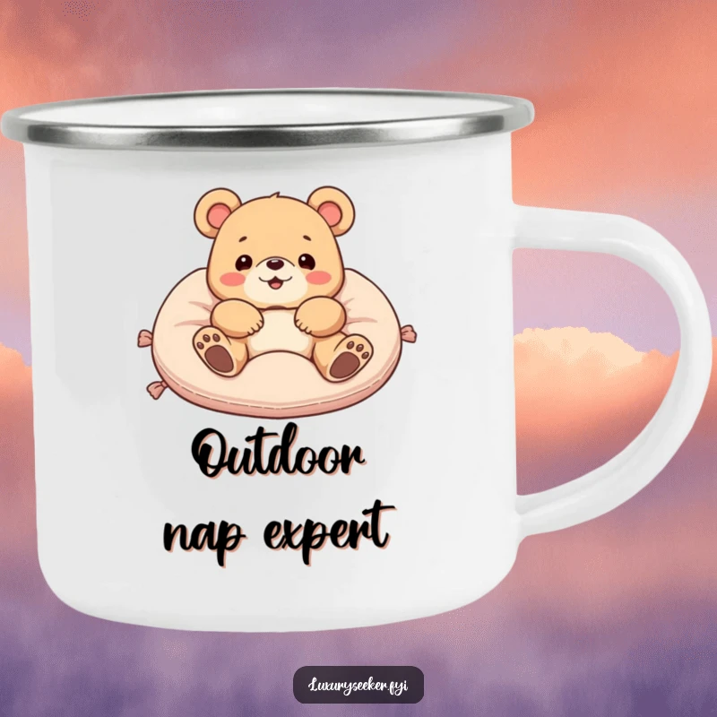 Funny camping mug featuring a delighted bear lounging on a velvet cushion, combining ruggedness with humorous, plush comfort for adventures.