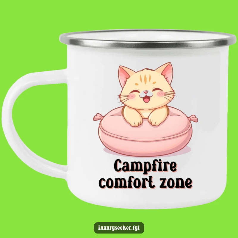 Funny Camp Cat Cushion Mug - Plush Outdoor Comfort, Adventure Funny Gift