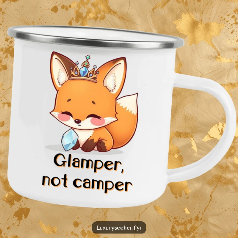 Funny Camping Mug featuring a cheerful fox with a sparkly tiara, admiring a jewel, for adventurers.