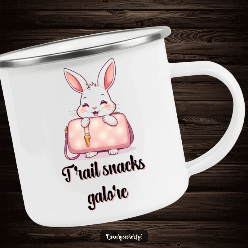 Funny Camping Mug featuring a delighted rabbit examining a shimmering, oversized handbag, for outdoor style.