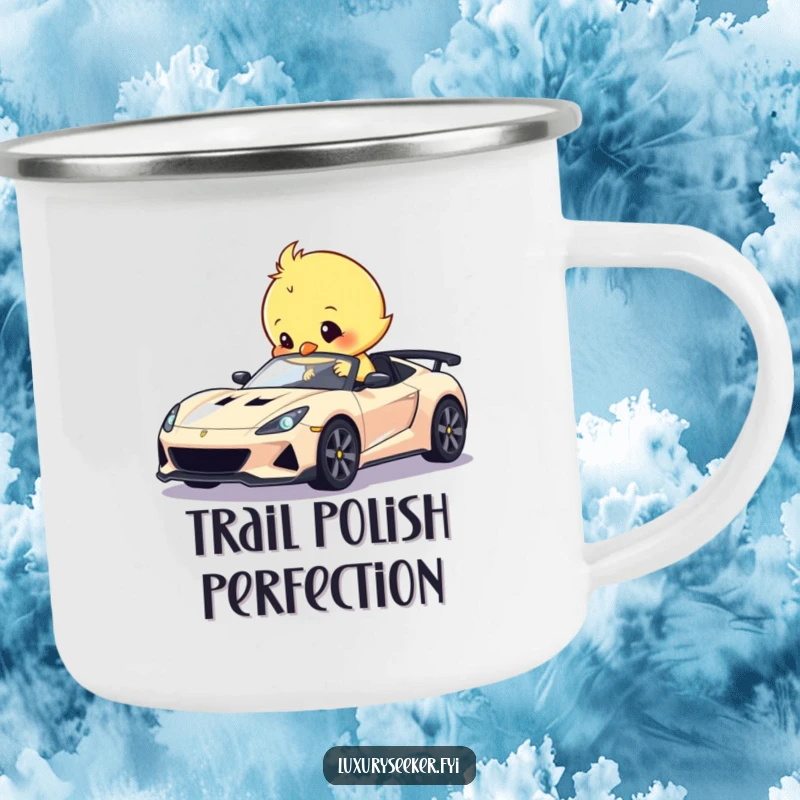 Funny enamel camping mug with a sweet chick humorously polishing a tiny, gleaming sports car, ideal for outdoor adventures.