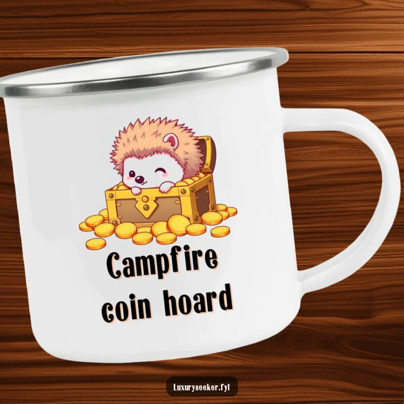 Funny camping mug showing a curious hedgehog peering into a treasure chest filled with gold coins, perfect for outdoor discovery.