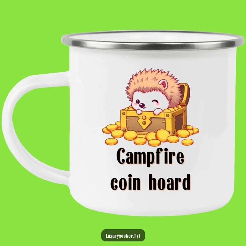 Funny Curious Hedgehog Treasure Camping Mug: Golden Outdoor Discovery Gift