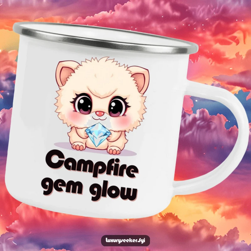 Funny camping mug showing a cute, fluffy creature with large, admiring eyes gazing at a sparkling diamond necklace, perfect for glitzy outdoors.