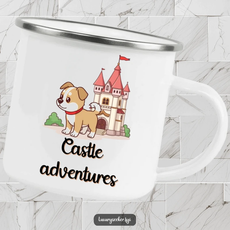 Funny determined dog beside a miniature castle on a rustic camping mug, perfect for outdoor loyalty, a funny gift.