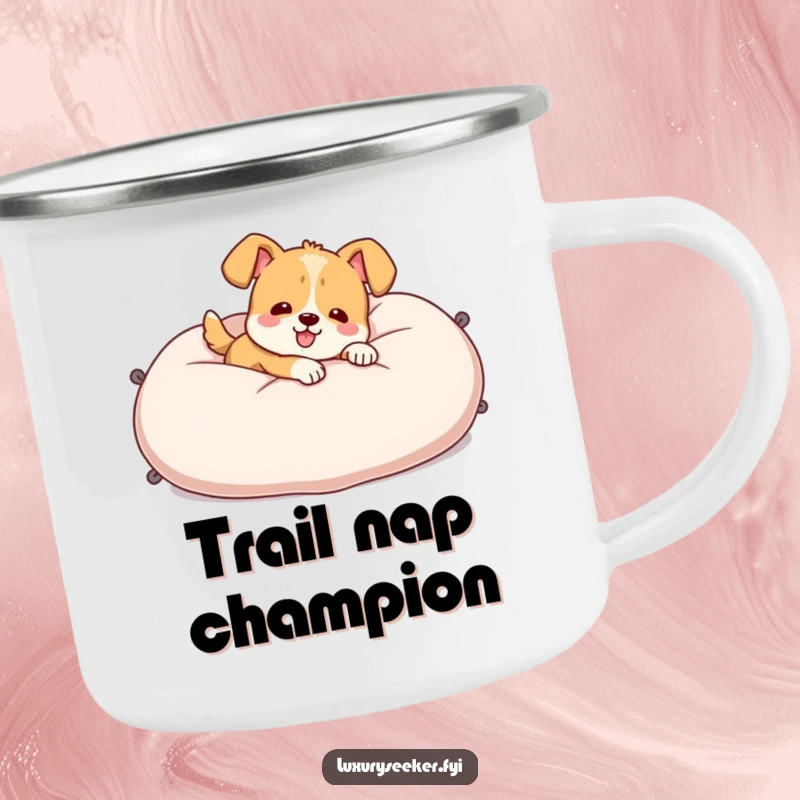Funny Camping Mug featuring a cheerful dog character lounging on a plush velvet pillow, bringing humorous comfort to outdoor adventures.