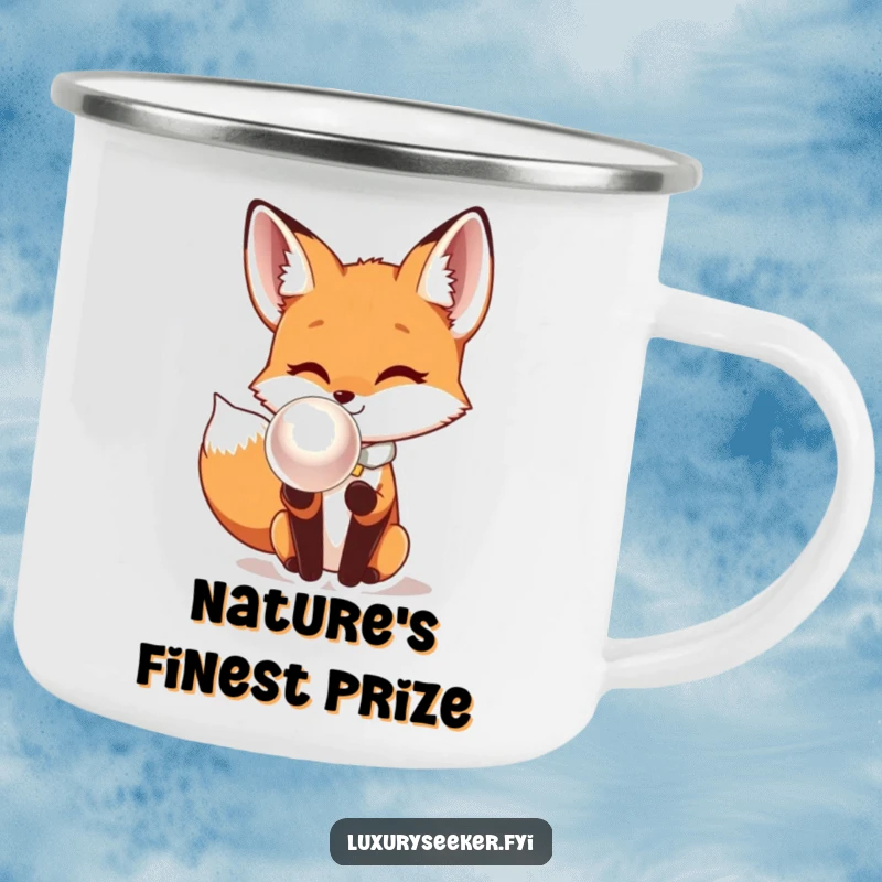 Funny Fox Camping Mug: A sophisticated fox in a bow tie examines a large, shiny pearl, perfect for outdoor humor.