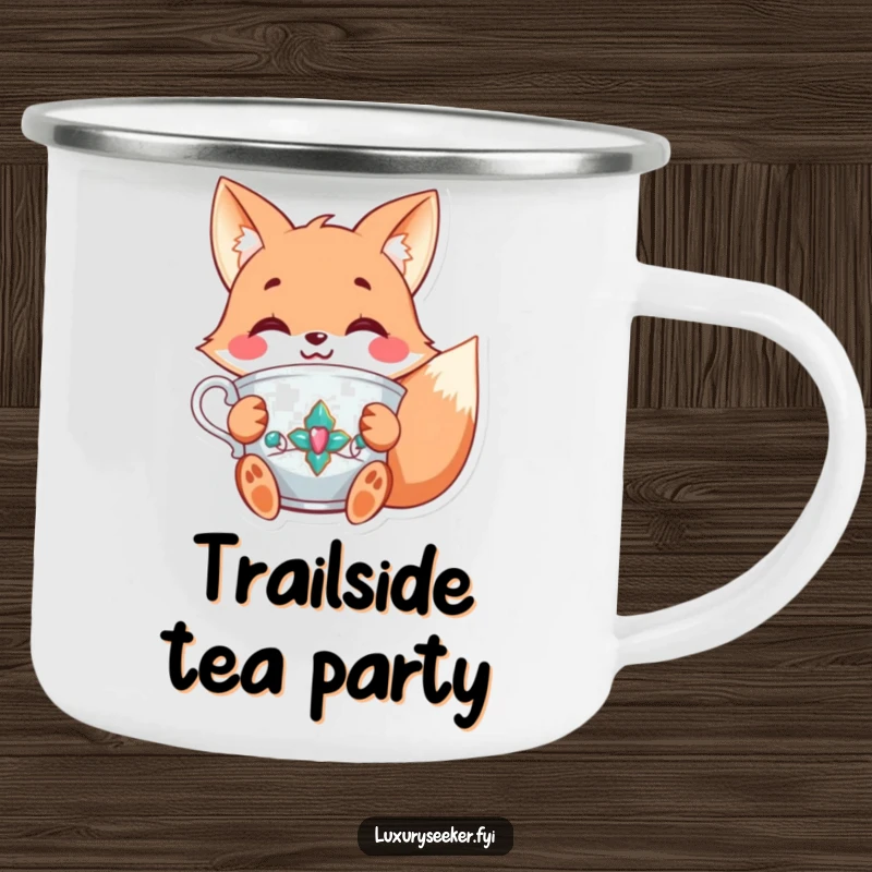 Funny camping mug showing a joyful fox character holding a fancy, jeweled teacup with a smile, adding elegant charm to outdoor trips.
