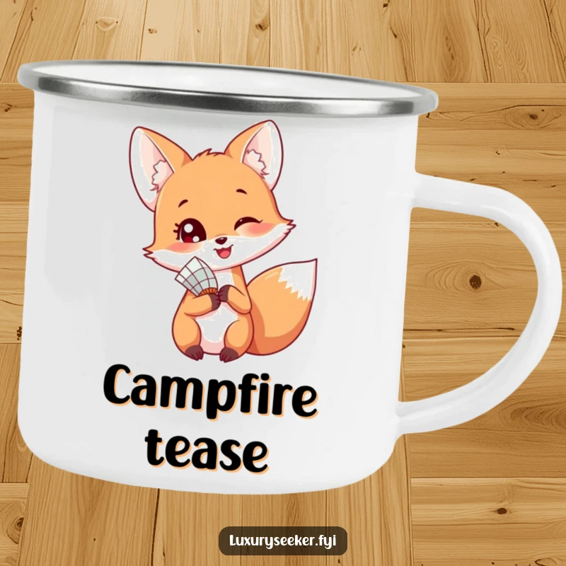 Funny camping mug with a happy fox holding a delicate fan, looking playfully over its shoulder during an outdoor excursion.