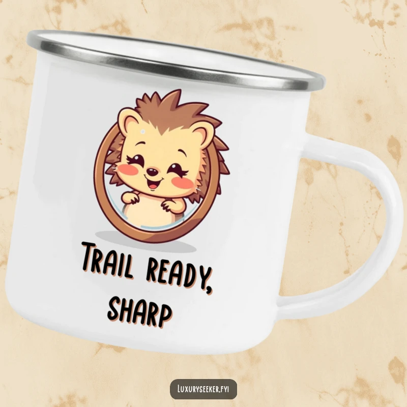 Funny Hedgehog Camping Mug: A cheerful hedgehog admires its reflection, perfect for outdoor adventures and humorous morning coffee.