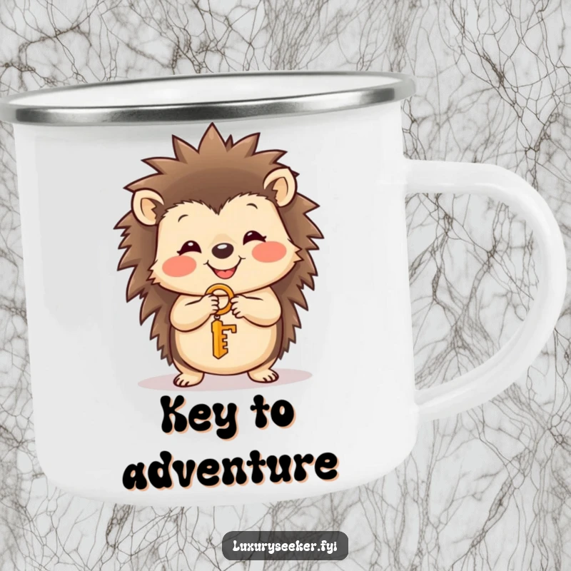 Funny smiling hedgehog holding a tiny golden key on a camping mug, perfect for outdoor adventures, a cute funny gift.