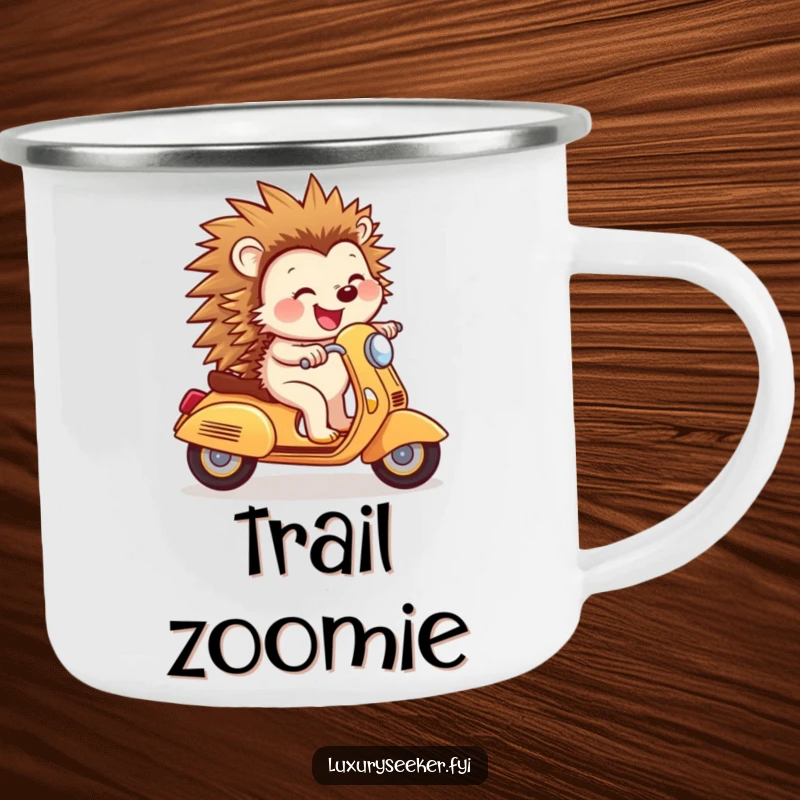 Funny Camping Mug: Joyful hedgehog rides a tiny golden scooter with a confident smile, a humorous addition to your outdoor drinks.