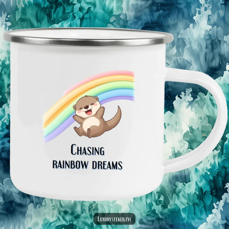 Funny Otter Camping Mug with a joyful otter sliding down a shimmering silk ribbon rainbow, bringing fun to outdoor adventures.