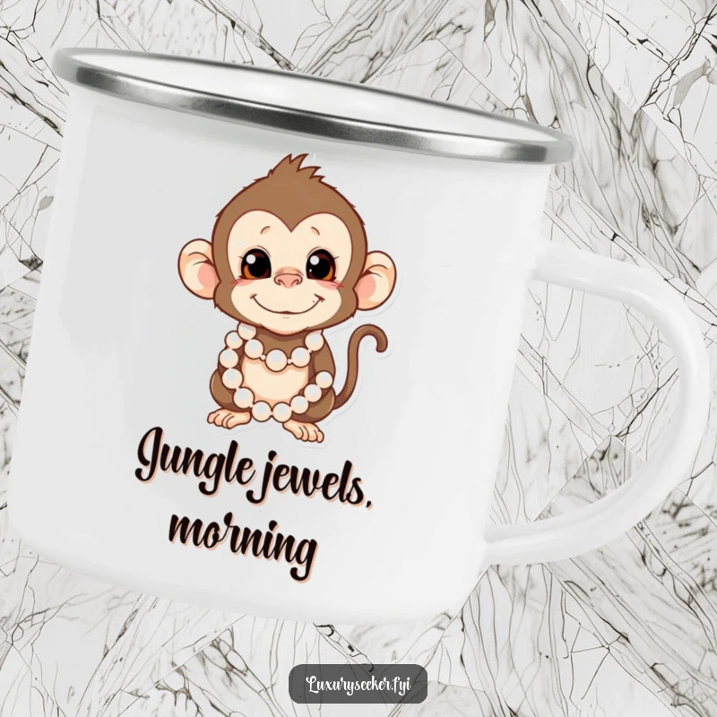Funny Monkey Camping Mug: A mischievous monkey wears pearls, perfect for humorous outdoor adventures and morning coffee.