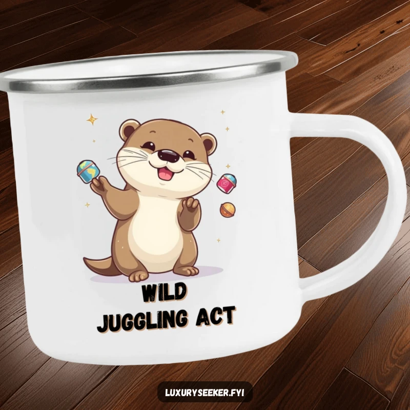 Funny otter juggling glittering items on a rustic camping mug, perfect for outdoor fun, a funny gift.
