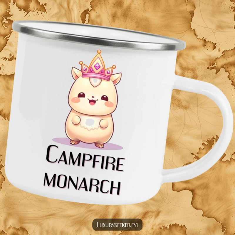 Funny camping mug of a gleaming creature with a proud smile admiring a sparkling, tiny crown, for humorous outdoor regal enjoyment.