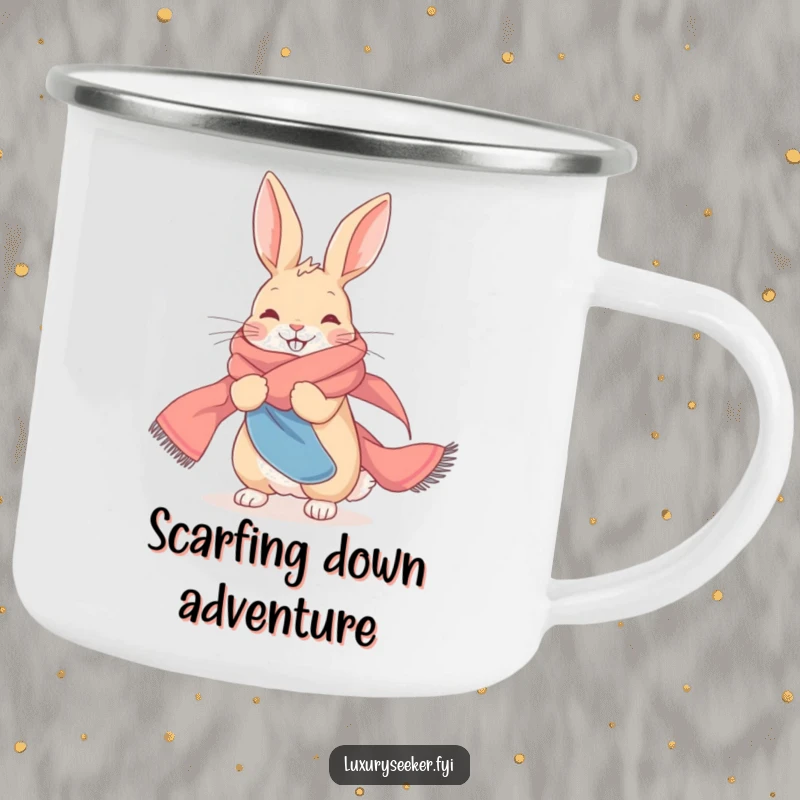 Funny Camping Mug: A delighted rabbit draped in a long, flowing silk scarf.