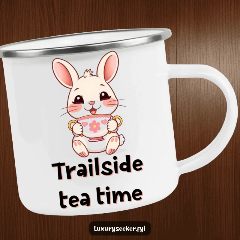 Funny Camping Mug featuring a delighted rabbit character holding a tiny, ornate teacup, bringing humorous elegance to outdoor adventures.