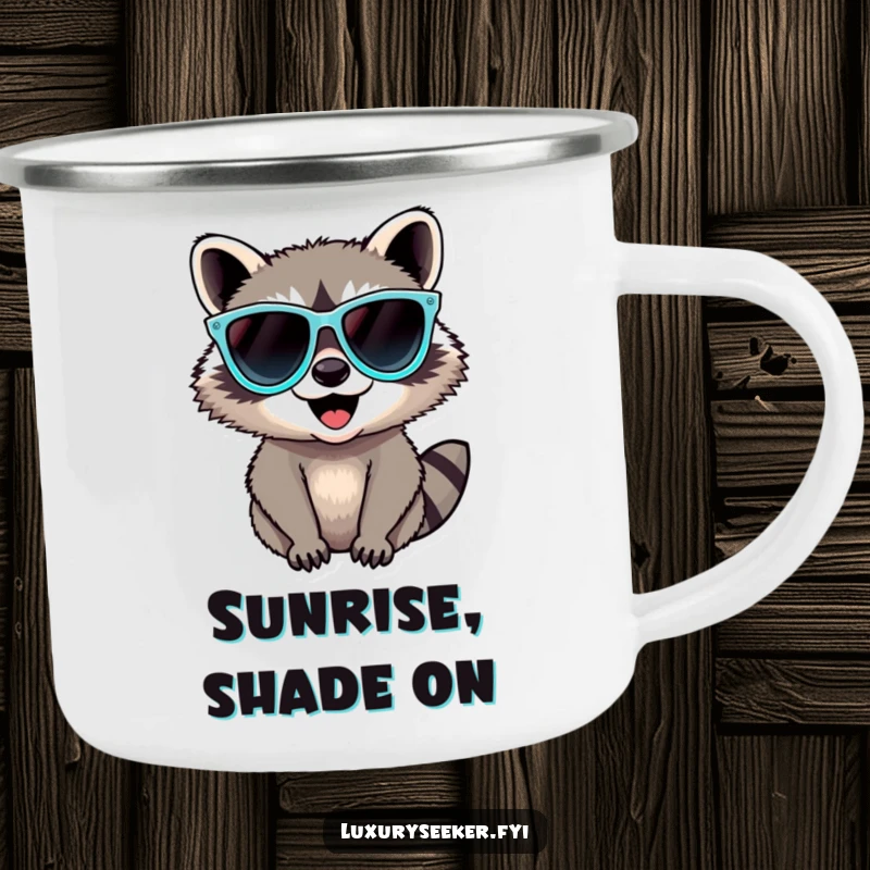Funny Raccoon Camping Mug showing a delighted raccoon in oversized diamond sunglasses, ready for campfire stories and hot beverages.