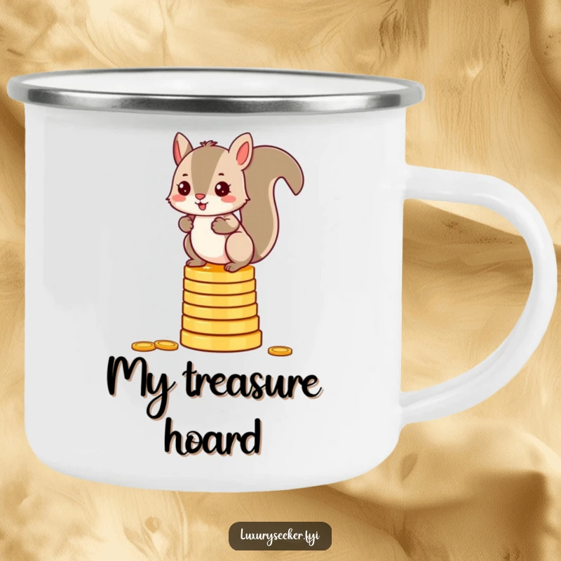 Funny squirrel camping mug showing a mischievous character balancing on a stack of gold coins, perfect for outdoor adventures.