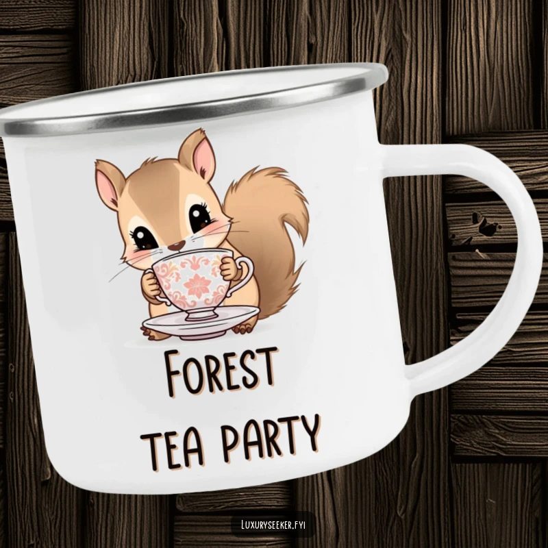 Funny squirrel camping mug featuring a curious squirrel with a tiny ornate teacup and saucer, perfect for outdoor drinks with a whimsical design.