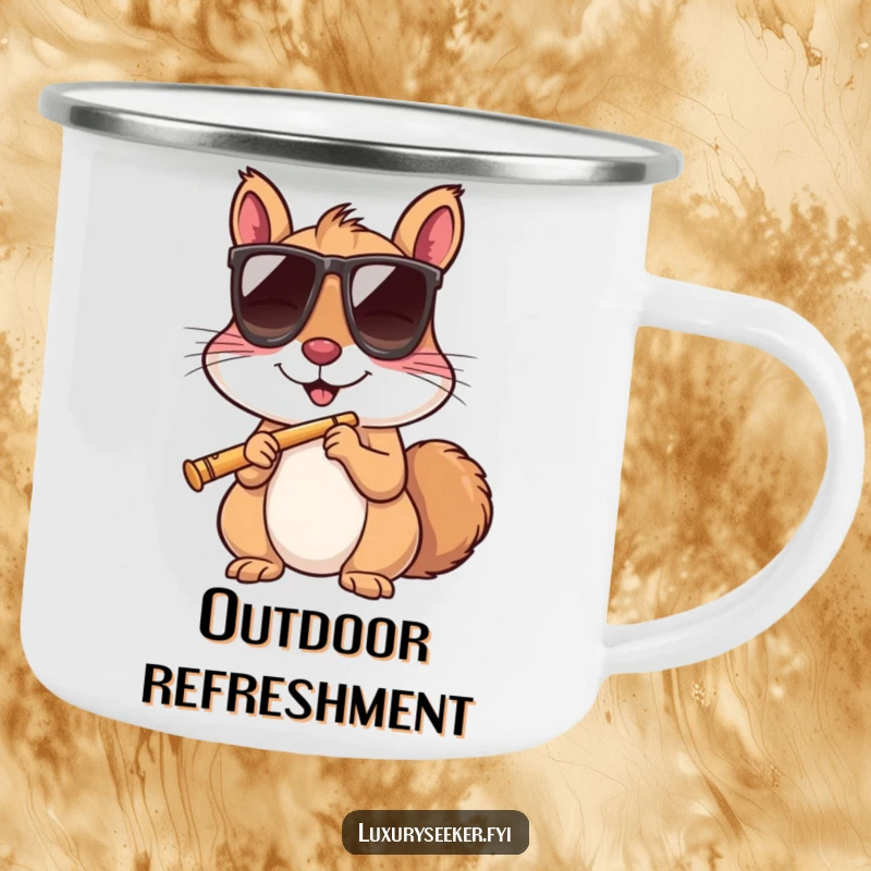 Durable funny camping mug featuring a squirrel in sunglasses sipping a tiny flute, ready for the trail.