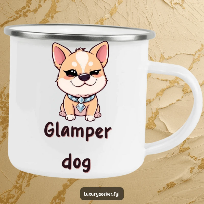 Funny Camping Mug: Giggling dog with a diamond collar winks slyly, a humorous addition to your outdoor drinks.