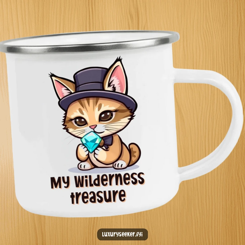 Funny, durable camping mug with a sophisticated cat in a top hat examining a sparkling gemstone under the stars.