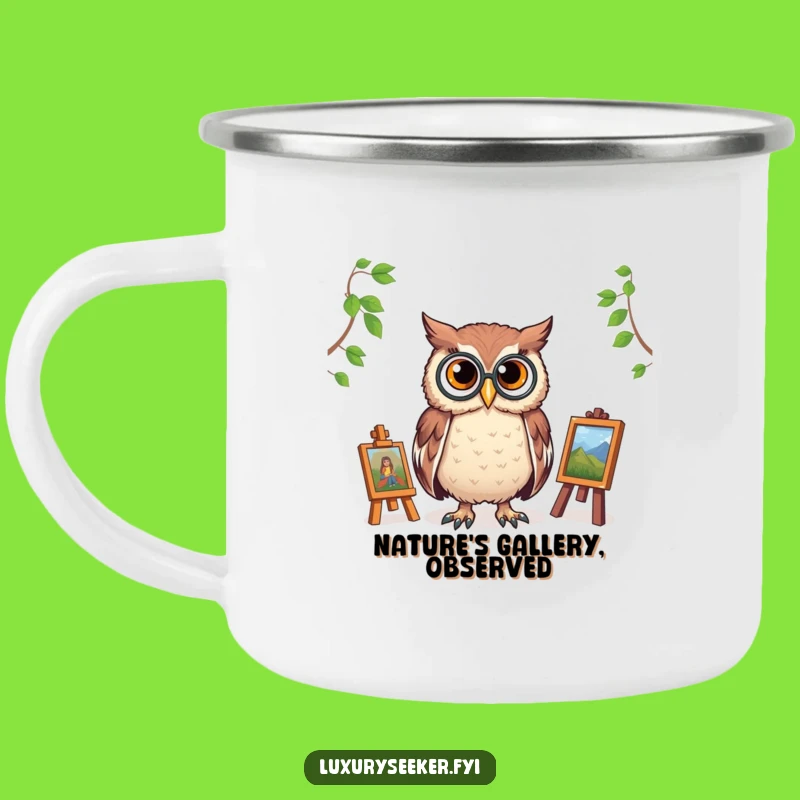 Funny Owl Enamel Mug: Monocled Critic for Outdoor Art Appreciation, Rugged & Chic Gift