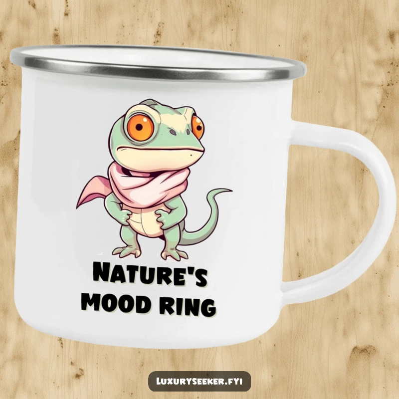 Funny chameleon wearing a silk scarf, holding a camping mug with confidence, ready for adventure, a great funny gift.
