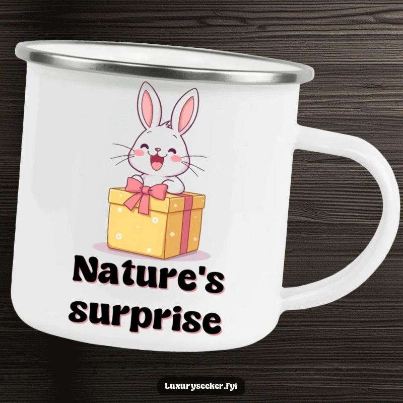 Funny Camping Mug: A happy rabbit excitedly opens a perfectly wrapped gift box, perfect for enjoying drinks outdoors with festive cheer.