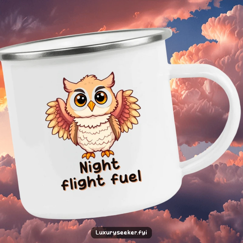 Funny camping mug featuring a joyful owl character wearing elegant feathered boas, perfect for outdoor adventures with a touch of whimsy.