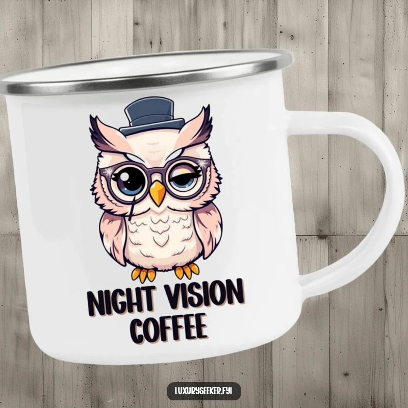 Funny Camping Mug: Winking owl with monocle and top hat, durable and humorous for outdoor use.