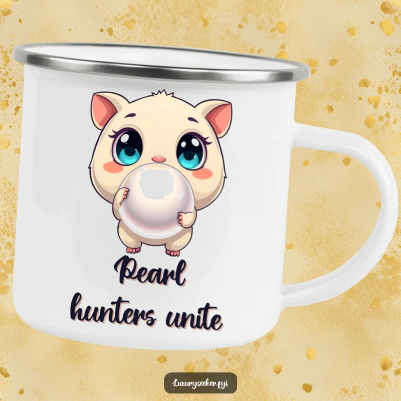 Funny camping mug with a curious creature pointing at a large, shimmering pearl, perfect for outdoor discovery enthusiasts.