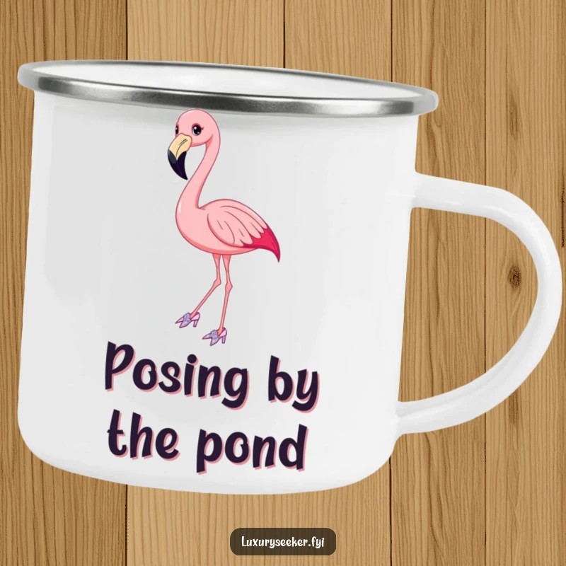 Funny Flamingo Camping Mug with a smiling bird in elegant, sparkly shoes, ready for adventure with a humorous flair.