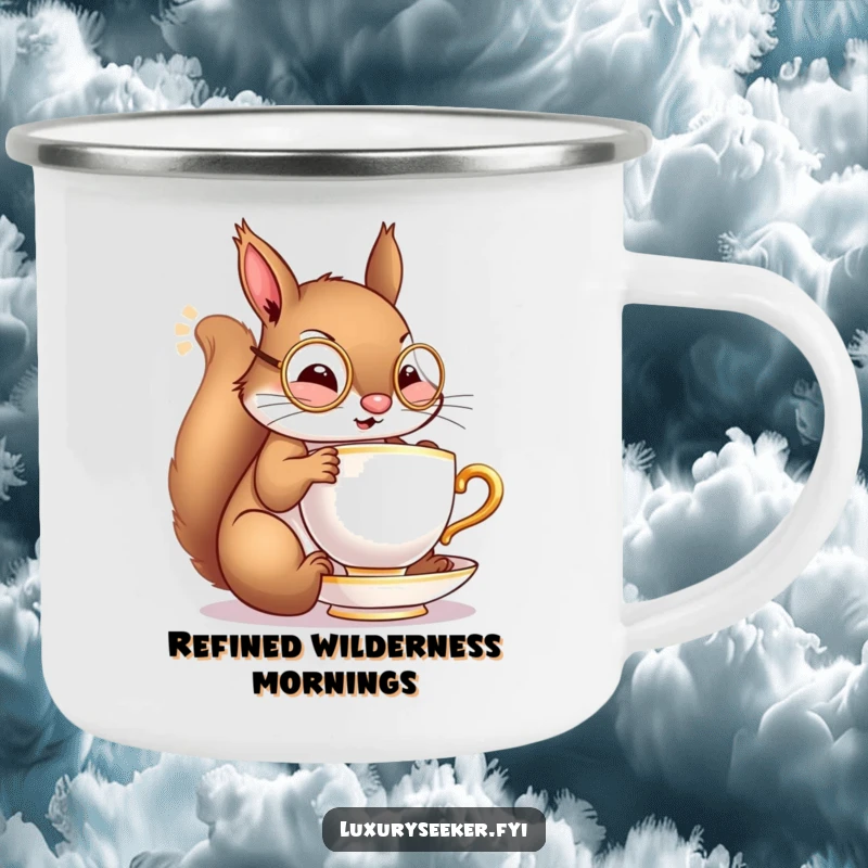 Funny camping mug showing a cheerful squirrel with a monocle, sipping from a miniature golden teacup, perfect for sophisticated outdoor enjoyment.
