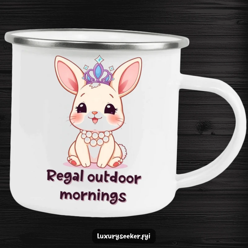 Funny camping mug showing a happy bunny with a pearl necklace and a sparkling tiara, perfect for glamorous outdoor enjoyment.