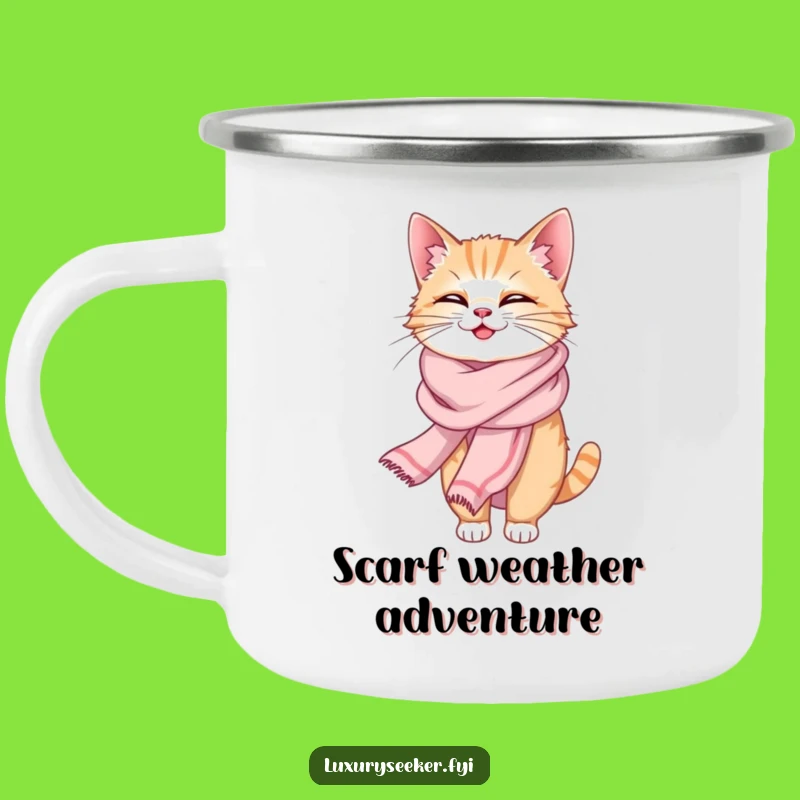 Funny Giggling Cat Silk Scarf Enamel Camping Mug: Adventure with Elegant Humor
