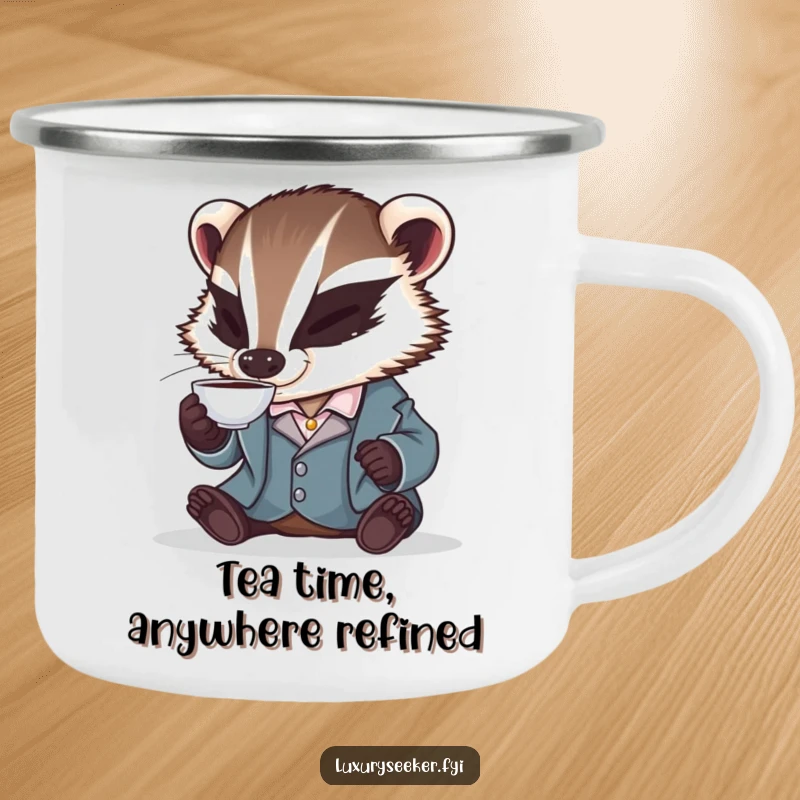 Funny enamel camping mug showcasing a badger in a silk smoking jacket, sipping tea, perfect for outdoor enthusiasts with a humorous disposition.
