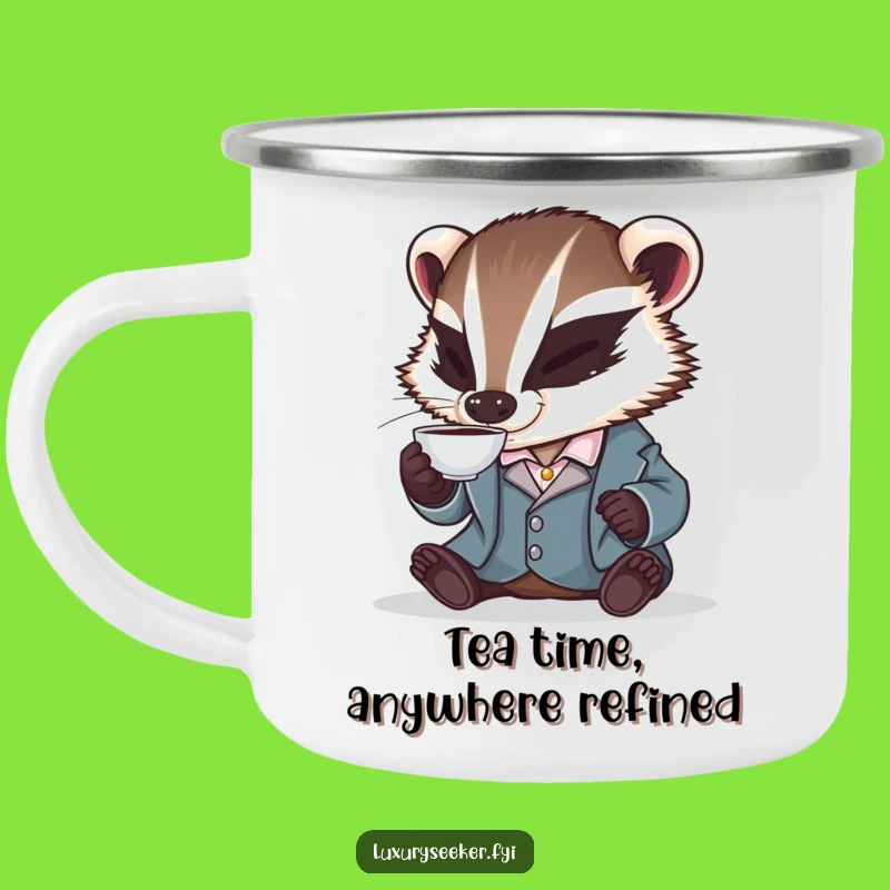 Funny Badger Enamel Mug: Silk Jacket Sips for Outdoor Humor, Rugged & Chic Gift