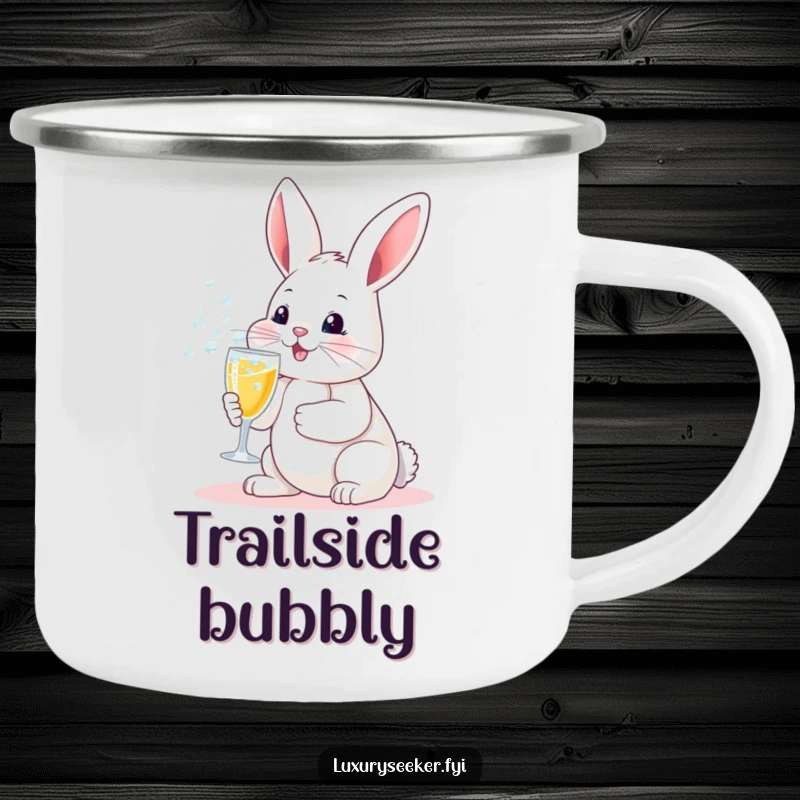 Funny camping mug: A joyful bunny holding a miniature champagne flute with overflowing bubbles, perfect for outdoor celebrations.