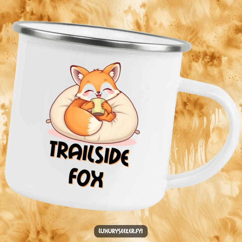 Funny Camping Mug: A joyful fox lounges on a plush velvet pillow with a cup, perfect for enjoying drinks outdoors with cozy style.