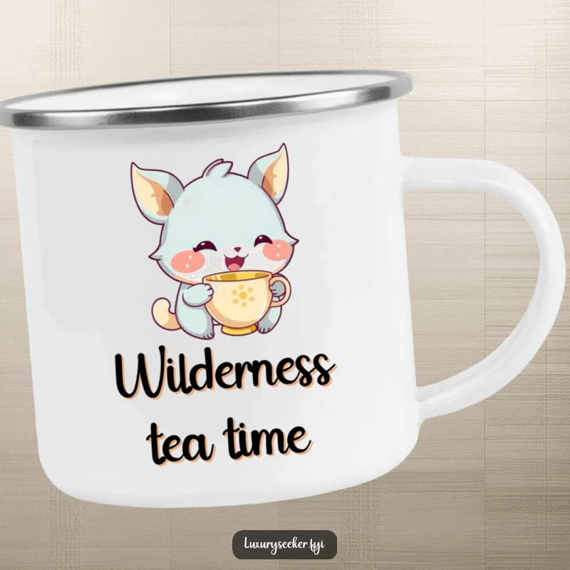 Funny camping mug showing a joyful creature with a knowing smile sipping from a tiny golden teacup, perfect for serene outdoor breaks.
