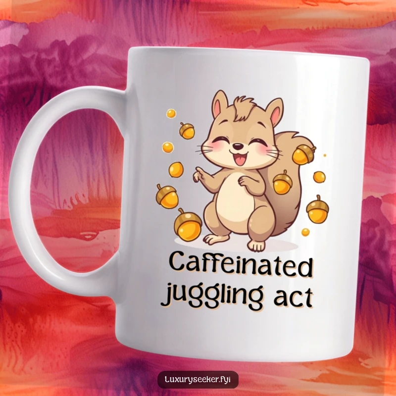 Funny Mug depicting a playful squirrel character gleefully juggling several shiny, golden acorns with impressive skill.