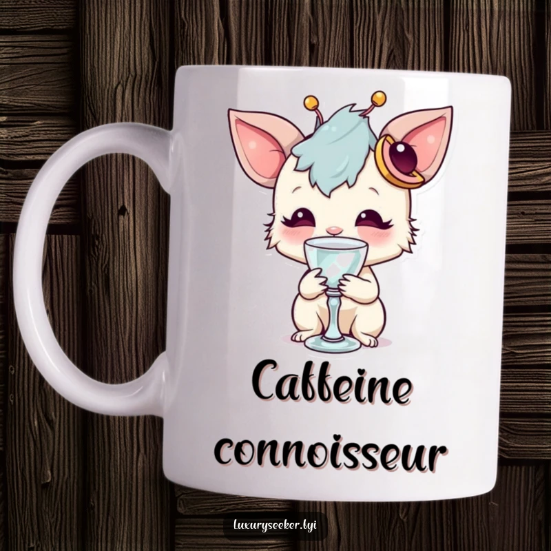 Funny mug of a whimsical creature with a unique accessory sipping from a tiny crystal goblet, exuding quirky elegance and humor.