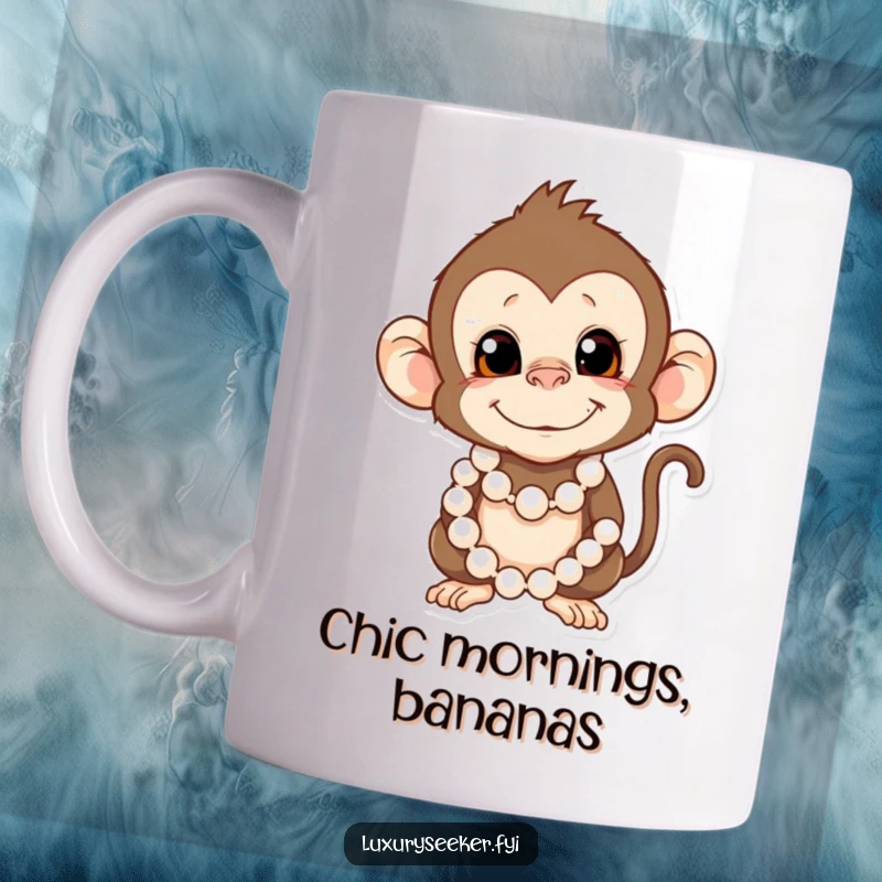 Funny Monkey Mug: A mischievous monkey with a string of pearls poses playfully, ready to serve your favorite beverage with humor.