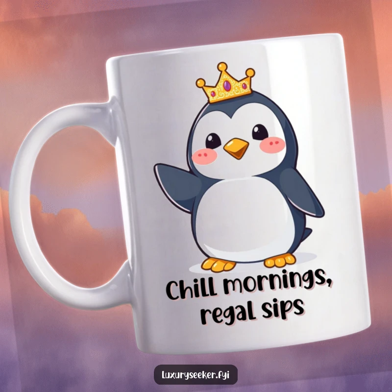 Funny Penguin Crown Mug: A happy penguin striking a regal pose, proudly wearing a tiny glittering crown, perfect for adding joy.