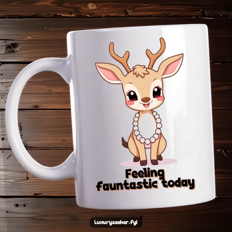 Funny Mug: A joyful deer strikes a graceful pose, adorned with a long pearl necklace, exuding elegance and humor.