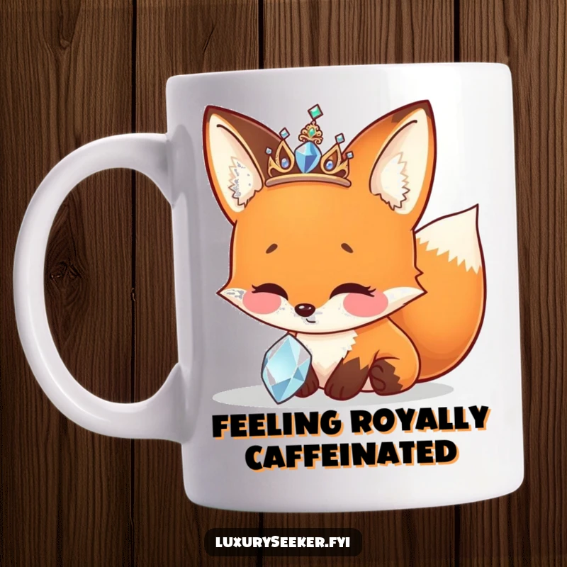 Funny Mug features a cheerful fox in a sparkly tiara, admiring a glittering jewel with pure delight.